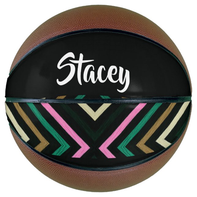 Custom name colorful stripes on black basketball (Front)