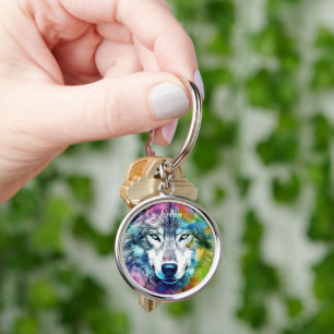 Custom Name Colorful Stylized Wolf Head Keychain