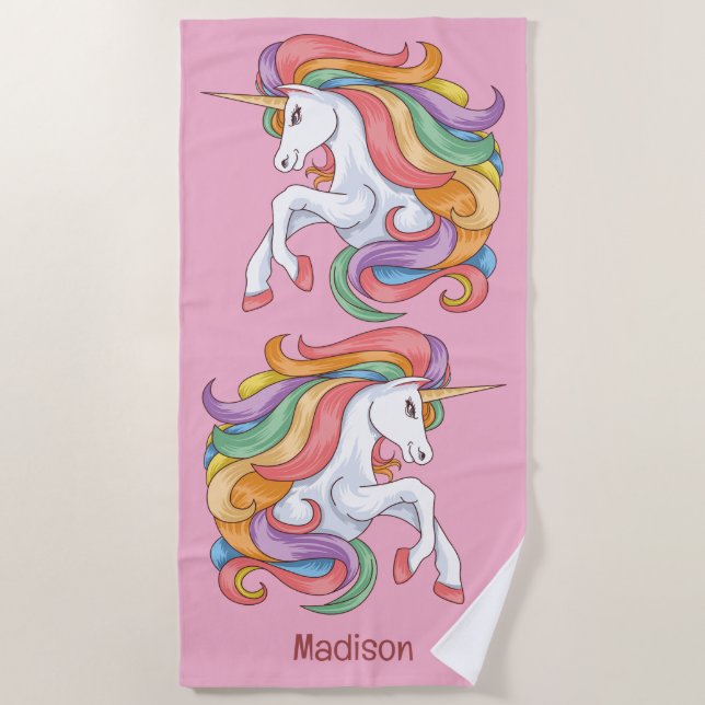Custom Name Colorful Unicorn Beach Towel (Front)