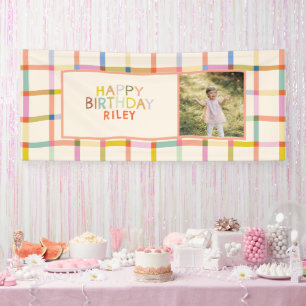 Custom Name Colourful Modern Plaid Birthday Photo Banner