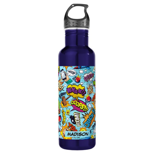 Custom Name Comics Pattern Stainless Steel Water Bottle (Front)