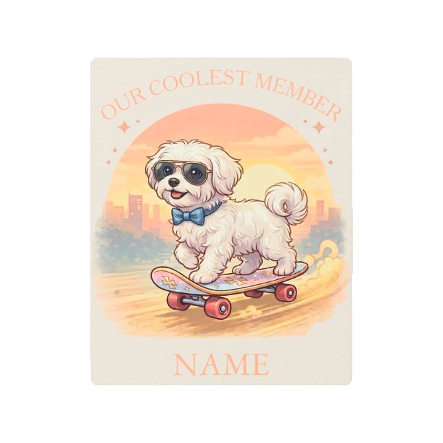 Custom Name Cool Maltese Dog Skateboarder  Metal Print (Front)