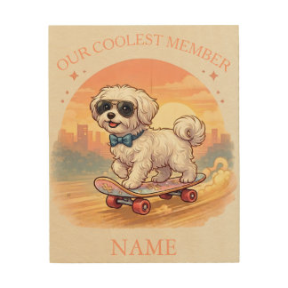 Custom Name Cool Maltese Dog Skateboarder  Wood Wall Art