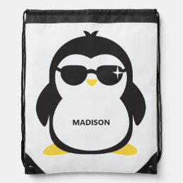 Custom name cool penguin drawstring bag