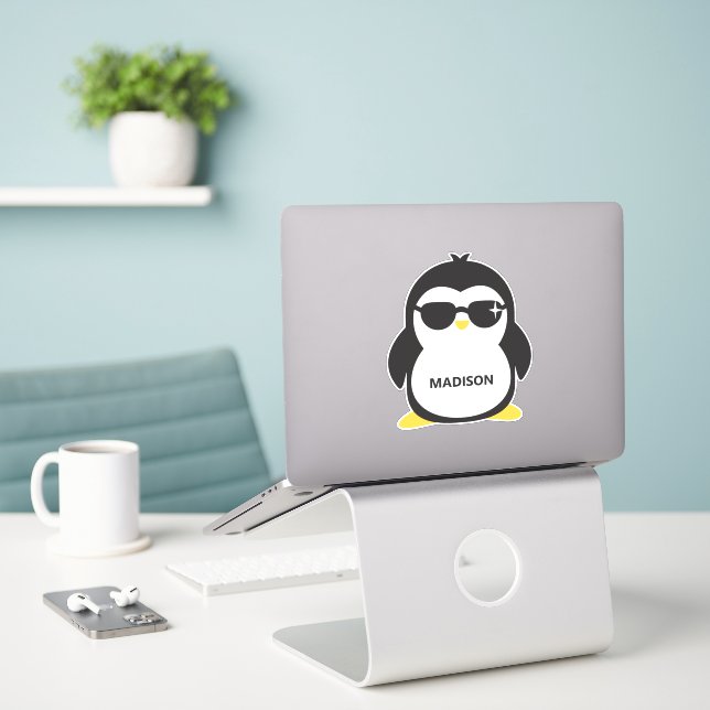 Custom Name Cool Penguin Sticker (Laptop On Desk)