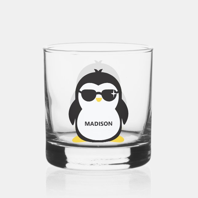 Custom name cool penguin whiskey glass (Front)