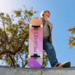 Custom Name Cool Retro Purple Brush Strokes Skateboard<br><div class="desc">Custom Name Cool Retro Purple Brush Strokes Skateboard features your personalized name on a retro brush stroke background in orange, pink and purple. Personalize by editing the text in the text box provided. Give a custom made gift, personalized skateboard to your favorite skateboarder for Christmas, birthday or your BFF. Designed...</div>