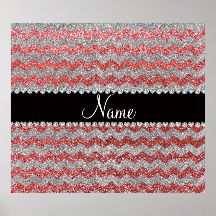 Custom name coral pink silver glitter chevrons posters