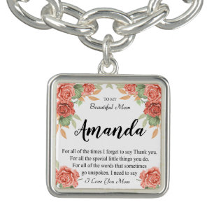 Custom Name Coral Red Rose Message for Mom Bracelet