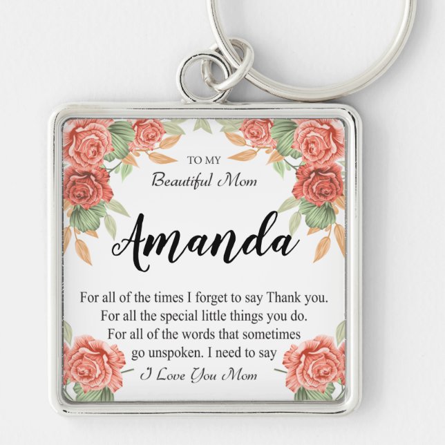 Custom Name Coral Red Rose Message for Mom Keychain (Front)