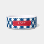 Custom Name Country Blue Gingham Red Label<br><div class="desc">Adorable custom name pet food bowl featuring a stylish country chic blue gingham pattern and red label. Personalize it by replacing the placeholder text. For more options such as to change the font and it's size click the "Customize" button. *Please note that the Zazzle Watermark that appears in the zoom...</div>