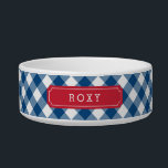 Custom Name Country Blue Gingham Red Label Bowl<br><div class="desc">Adorable custom name pet food bowl featuring a stylish country chic blue gingham pattern and red label. Personalize it by replacing the placeholder text. For more options such as to change the font and it's size click the "Customize" button. *Please note that the Zazzle Watermark that appears in the zoom...</div>