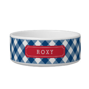 Custom Name Country Blue Gingham Red Label Bowl
