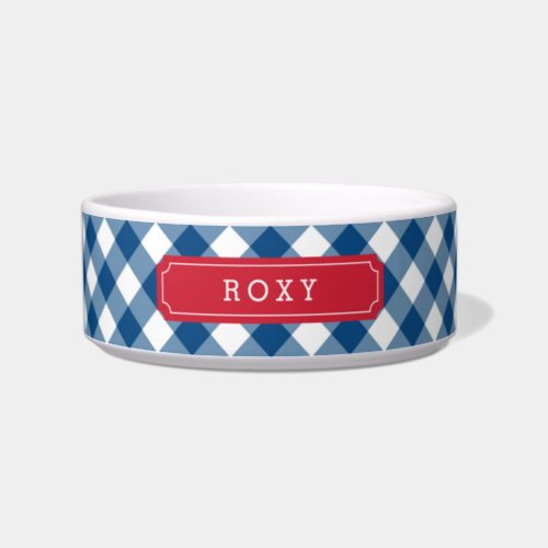 Custom Name Country Blue Gingham Red Label Bowl