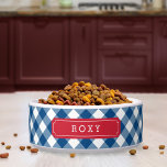 Custom Name Country Blue Gingham Red Label Bowl<br><div class="desc">Adorable custom name pet food bowl featuring a stylish country chic blue gingham pattern and red label. Personalize it by replacing the placeholder text. For more options such as to change the font and it's size click the "Customize" button. *Please note that the Zazzle Watermark that appears in the zoom...</div>