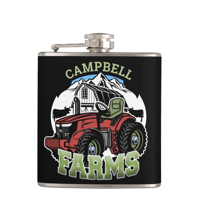 Custom NAME Country Farms Barn Tractor Farmer Flask (Front)