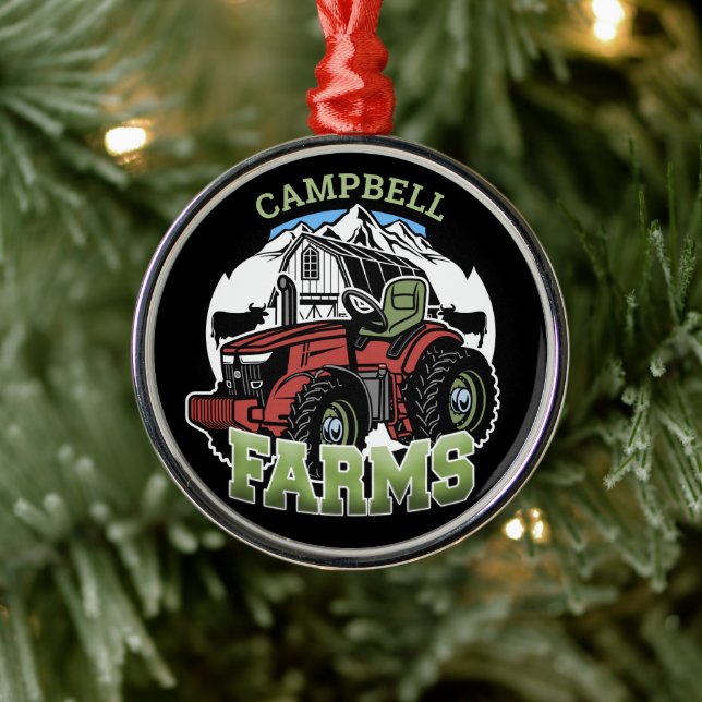 Custom NAME Country Farms Barn Tractor Farmer Metal Ornament (Tree)