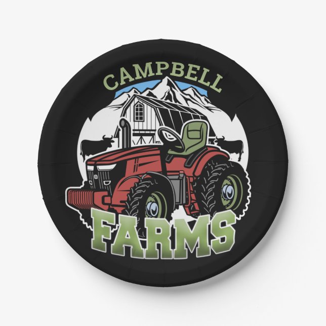Custom NAME Country Farms Barn Tractor Farmer Paper Plates (Front)