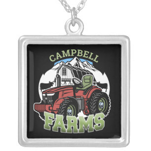 Custom NAME Country Farms Barn Tractor Farmer Silver Plated Necklace