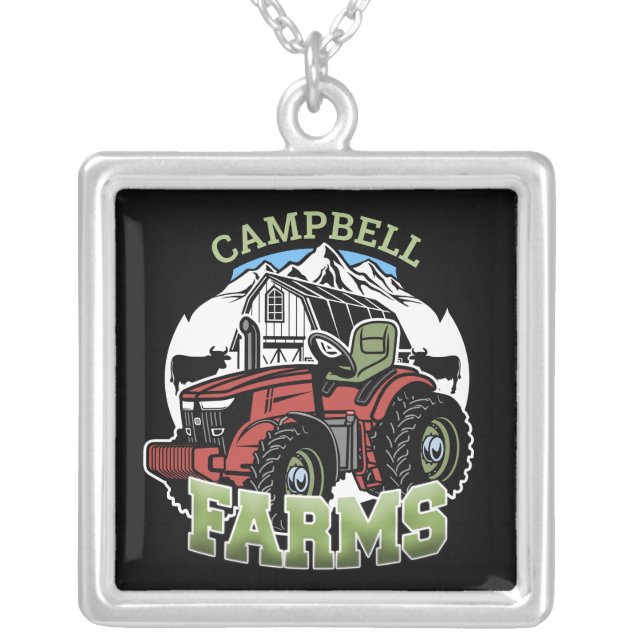 Custom NAME Country Farms Barn Tractor Farmer Silver Plated Necklace (Front)
