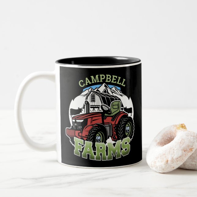 Custom NAME Country Farms Barn Tractor Farmer Two-Tone Coffee Mug (With Donut)