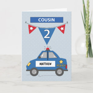 Custom Name Cousin 2nd Birthday Blue Police Car Card