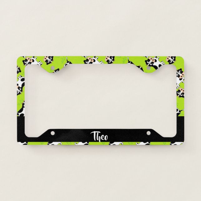 Custom name cow on green license plate frame (Front)