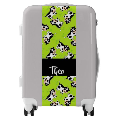 Custom name cow on green luggage