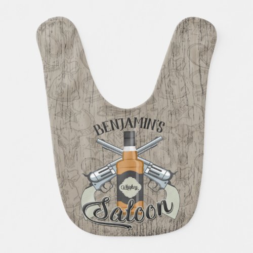 Custom NAME Cowboy Revolver Gun Whiskey Saloon Baby Bib