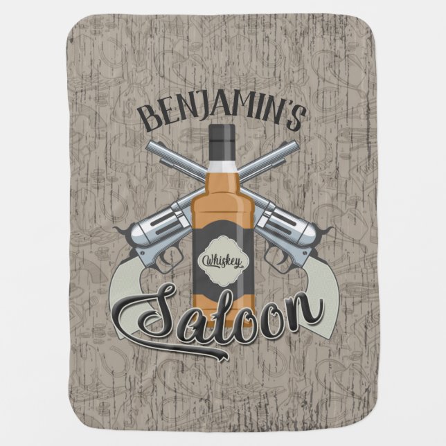Custom NAME Cowboy Revolver Gun Whiskey Saloon Baby Blanket (Front)
