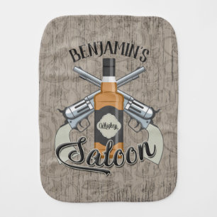 Custom NAME Cowboy Revolver Gun Whiskey Saloon Baby Burp Cloth