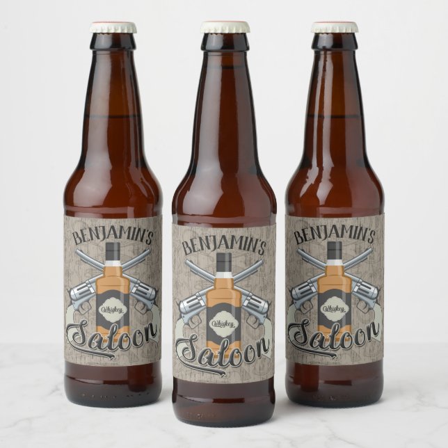 Custom NAME Cowboy Revolver Gun Whiskey Saloon Beer Bottle Label (Bottles)