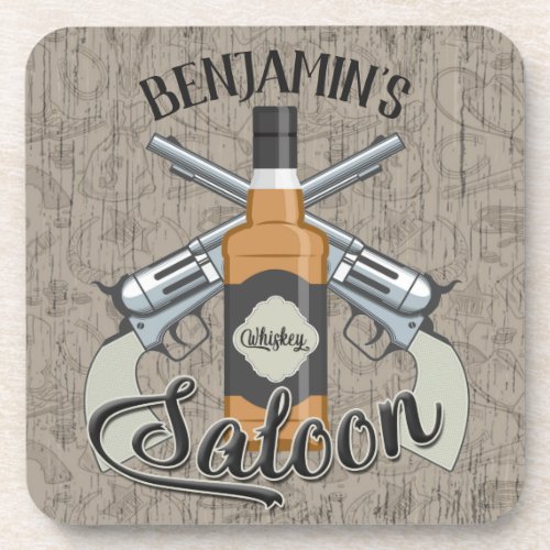 Custom NAME Cowboy Revolver Gun Whiskey Saloon Beverage Coaster