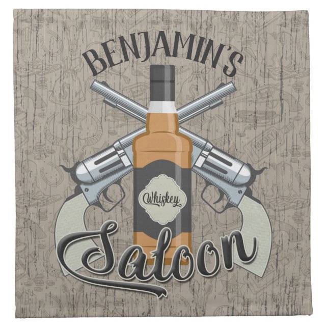 Custom NAME Cowboy Revolver Gun Whiskey Saloon Cloth Napkin (Front)
