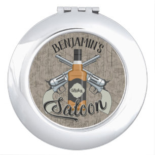 Custom NAME Cowboy Revolver Gun Whiskey Saloon Compact Mirror