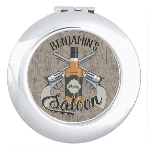 Custom NAME Cowboy Revolver Gun Whiskey Saloon Compact Mirror