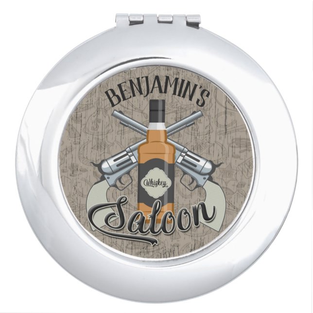 Custom NAME Cowboy Revolver Gun Whiskey Saloon Compact Mirror (Front)