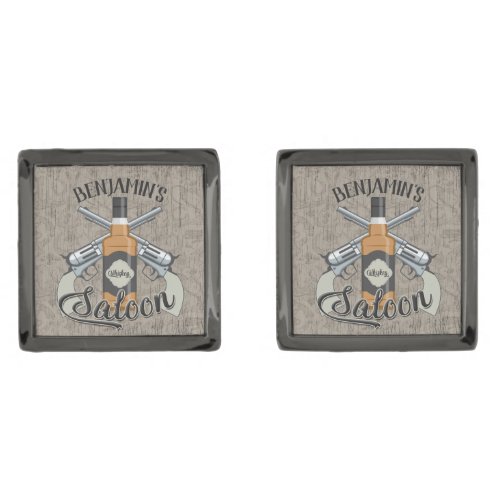 Custom NAME Cowboy Revolver Gun Whiskey Saloon Cufflinks