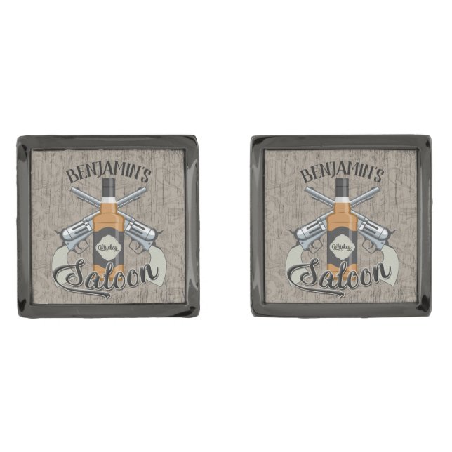 Custom NAME Cowboy Revolver Gun Whiskey Saloon Cufflinks (Front)
