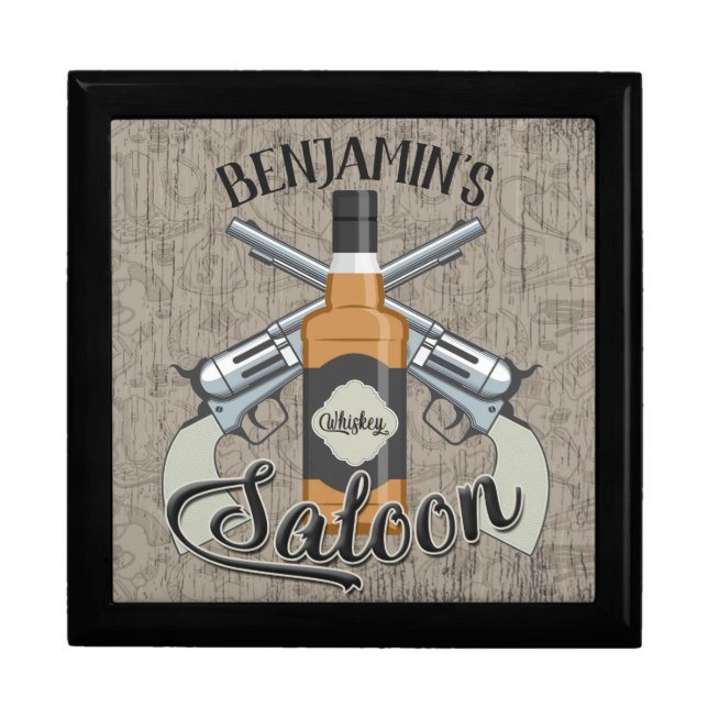 Custom NAME Cowboy Revolver Gun Whiskey Saloon Gift Box (Front)