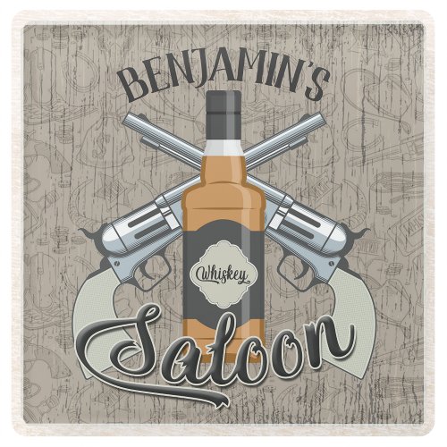 Custom NAME Cowboy Revolver Gun Whiskey Saloon Glass Coaster