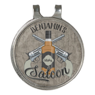 Custom NAME Cowboy Revolver Gun Whiskey Saloon Golf Hat Clip