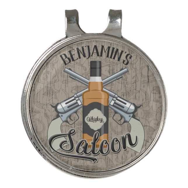 Custom NAME Cowboy Revolver Gun Whiskey Saloon Golf Hat Clip (Front)