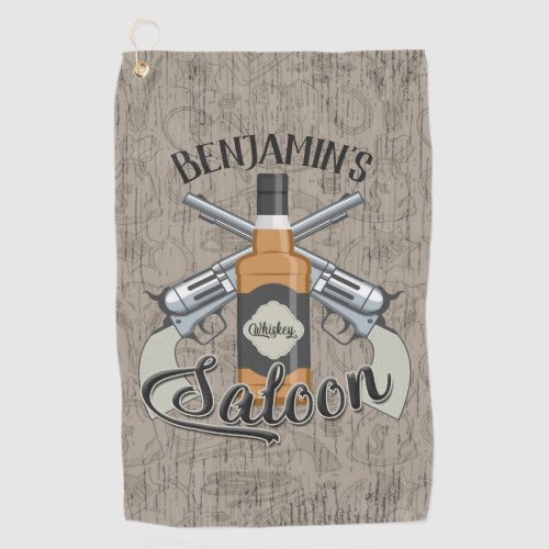 Custom NAME Cowboy Revolver Gun Whiskey Saloon Golf Towel