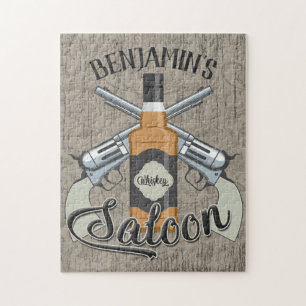 Custom NAME Cowboy Revolver Gun Whiskey Saloon Jigsaw Puzzle
