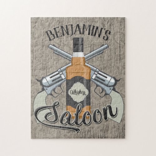 Custom NAME Cowboy Revolver Gun Whiskey Saloon Jigsaw Puzzle