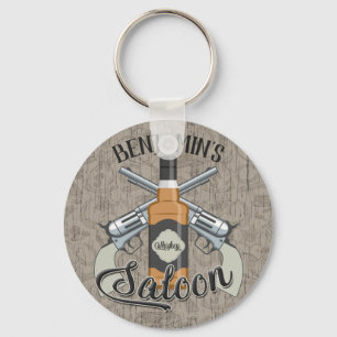 Custom NAME Cowboy Revolver Gun Whiskey Saloon Keychain