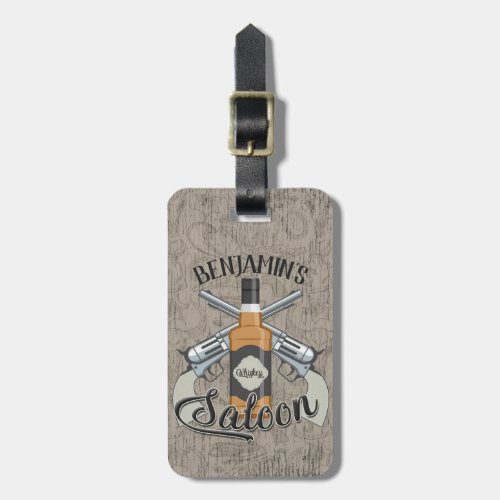 Custom NAME Cowboy Revolver Gun Whiskey Saloon Luggage Tag