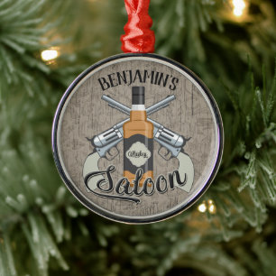 Custom NAME Cowboy Revolver Gun Whiskey Saloon Metal Ornament