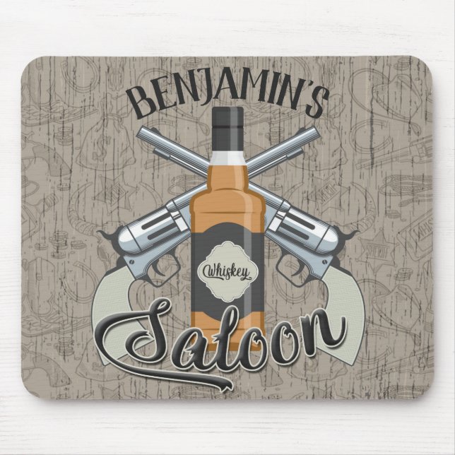 Custom NAME Cowboy Revolver Gun Whiskey Saloon Mouse Pad (Front)